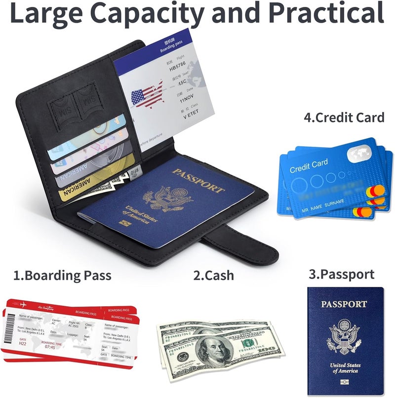KAOBAN Passport Holder, Passport Cover with Credit Card Slot and Boarding Pass Slot Combo, Passport Wallet Case Book Travel Must Have, RFID Blocking Leather Travel Accessories, Black - Image 4